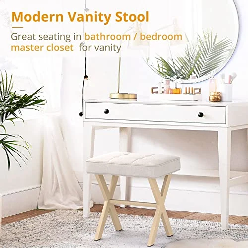 Square Linen Makeup Stool with Metal Legs for Modern Vanity showcase