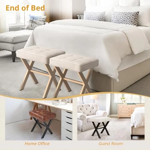 Square Linen Makeup Stool with Metal Legs for Modern Vanity unboxing