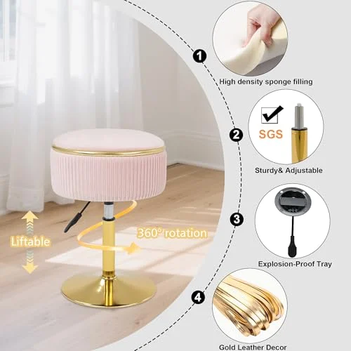 Velvet Makeup Stool with Storage and Gold Base for Bedrooms features