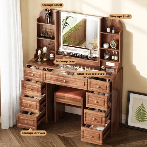 Walnut Vanity Desk with Mirror and 9 Drawers for Organized Makeup detail