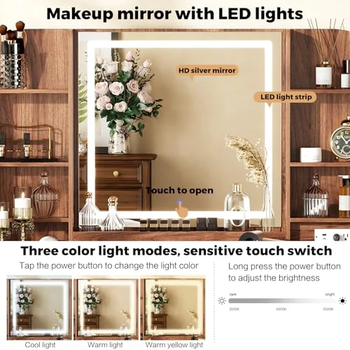 Walnut Vanity Desk with Mirror and 9 Drawers for Organized Makeup results