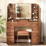 Walnut Vanity Desk with Mirror and 9 Drawers for Organized Makeup