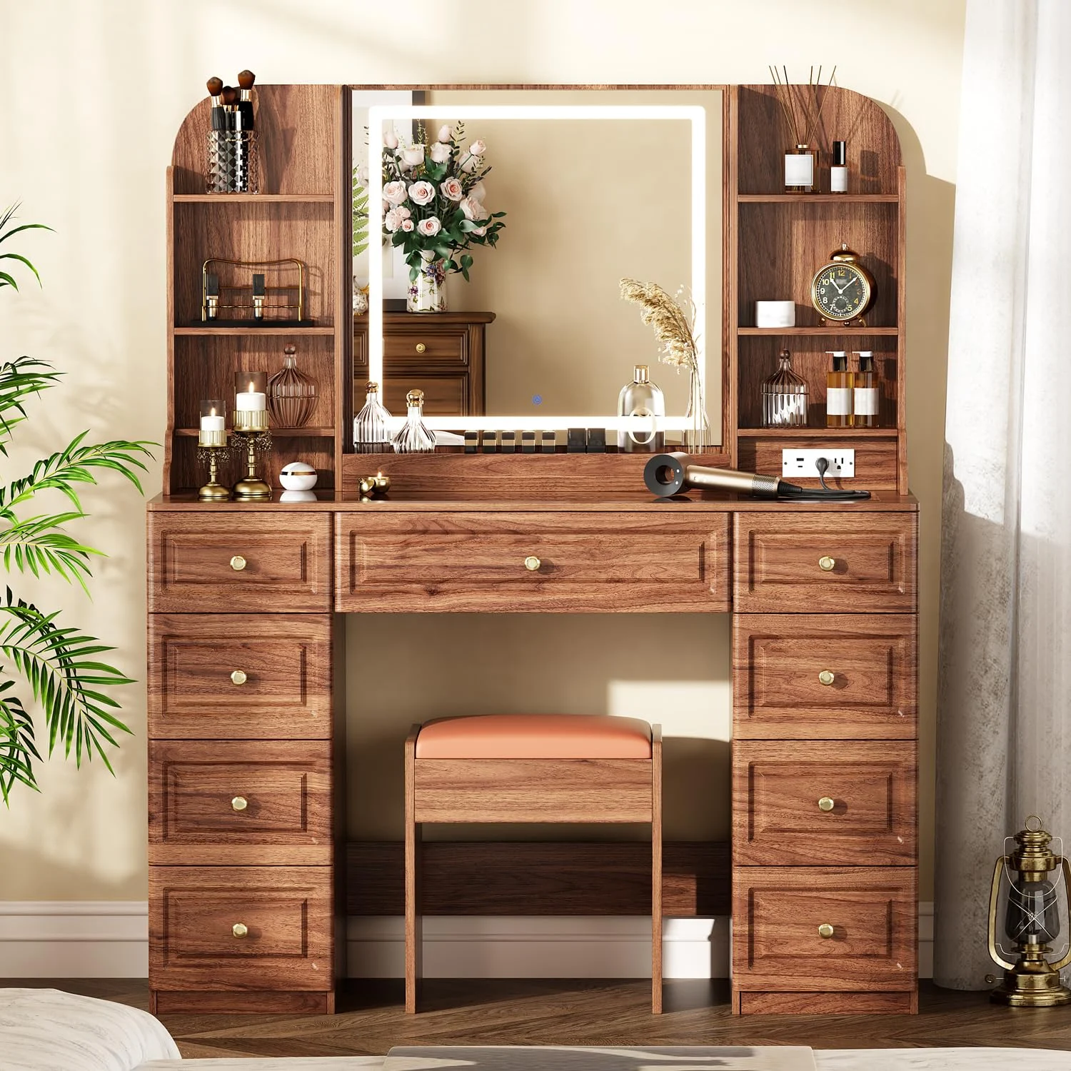 Walnut Vanity Desk with Mirror and 9 Drawers for Organized Makeup review