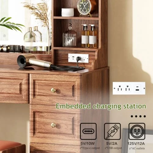 Walnut Vanity Desk with Mirror and 9 Drawers for Organized Makeup showcase