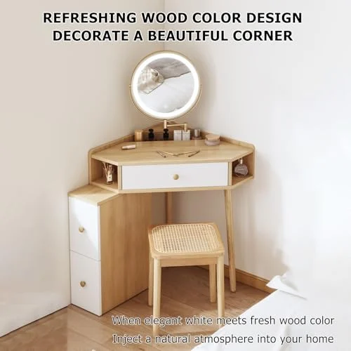 White Corner Vanity Desk with Adjustable Brightness for Bedrooms detail