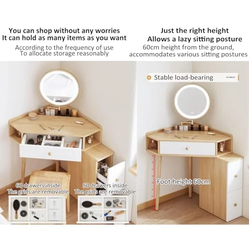 White Corner Vanity Desk with Adjustable Brightness for Bedrooms features