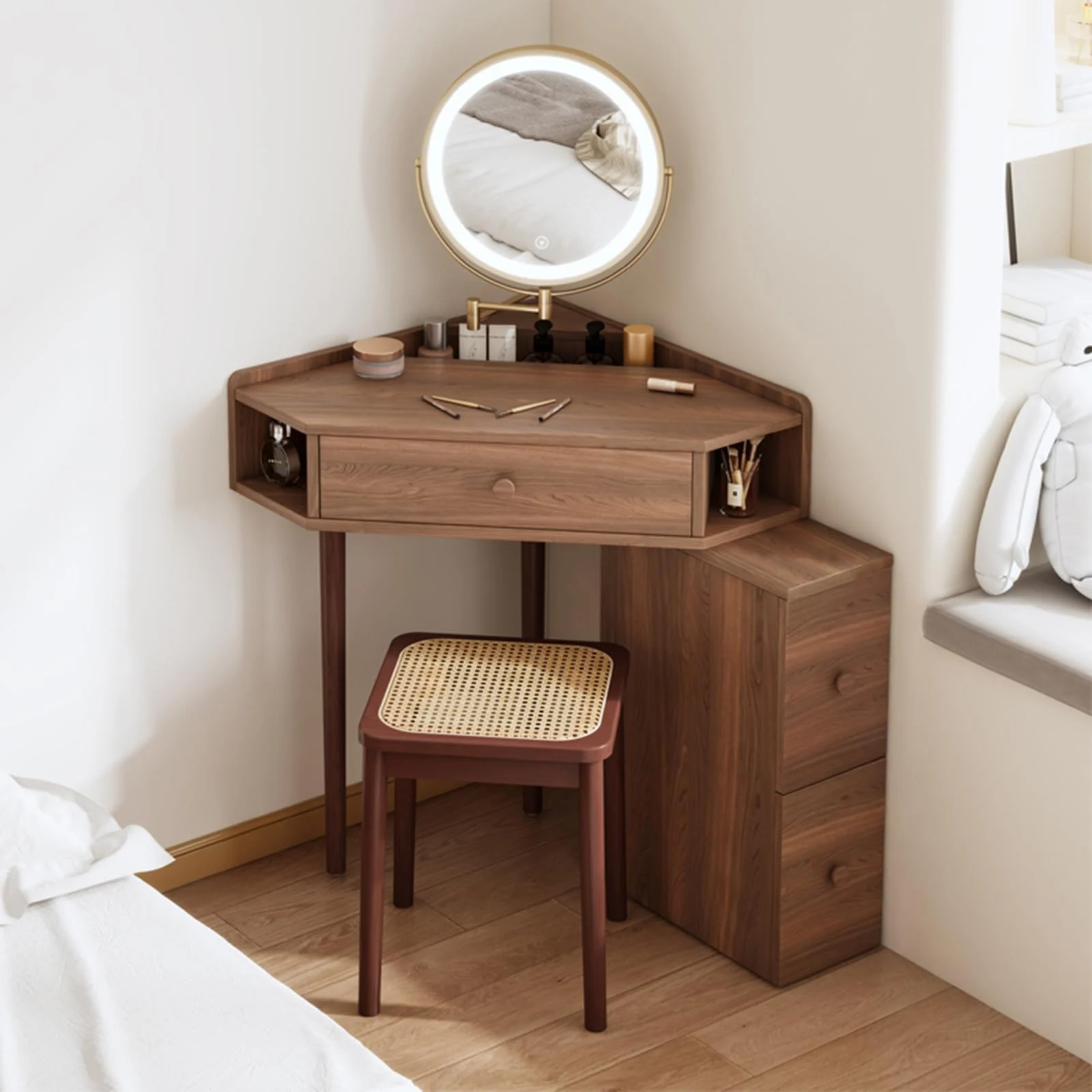White Corner Vanity Desk with Adjustable Brightness for Bedrooms review