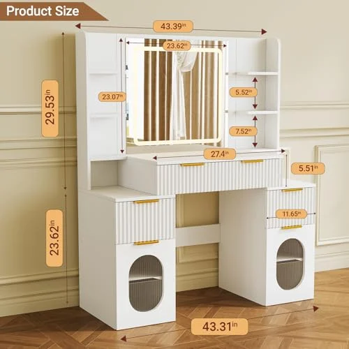 White Vanity with LED Light Modes and Multiple Storage Options detail