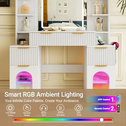 White Vanity with LED Light Modes and Multiple Storage Options features
