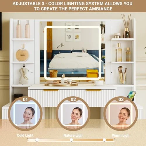 White Vanity with LED Light Modes and Multiple Storage Options results