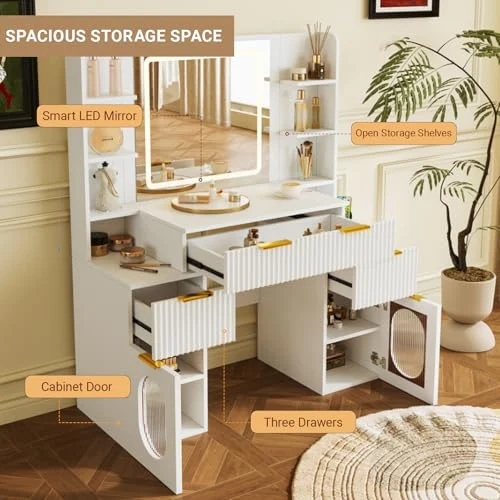 White Vanity with LED Light Modes and Multiple Storage Options showcase